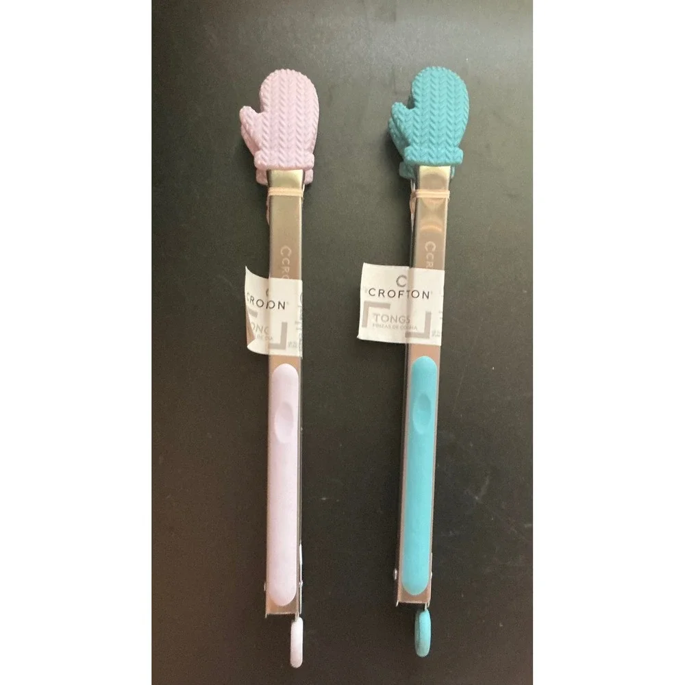 Crofton Mitten Silicone Tongs Set of 2 Pink Teal Stainless Steel Kitchen Utensil